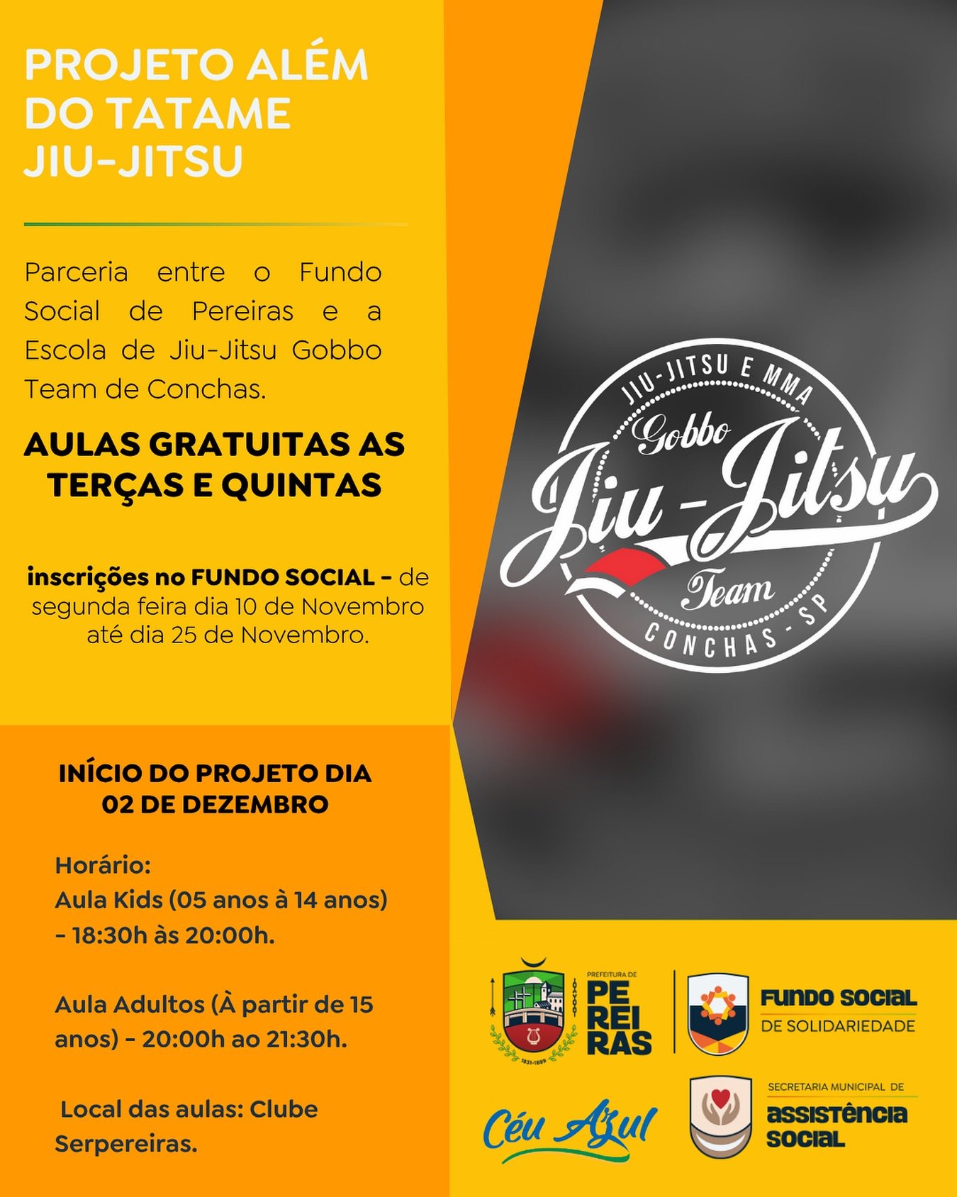Pereiras I Município de Pereiras oferece aulas gratuitas de Jiu-Jitso. Saiba mais: